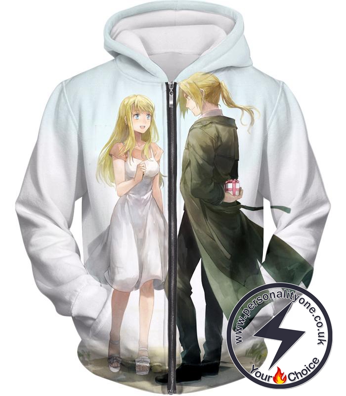 Fullmetal Alchemist Fullmetal Alchemist Super Cute Couple Edward x Winry Amazing White Zip Up Hoodie